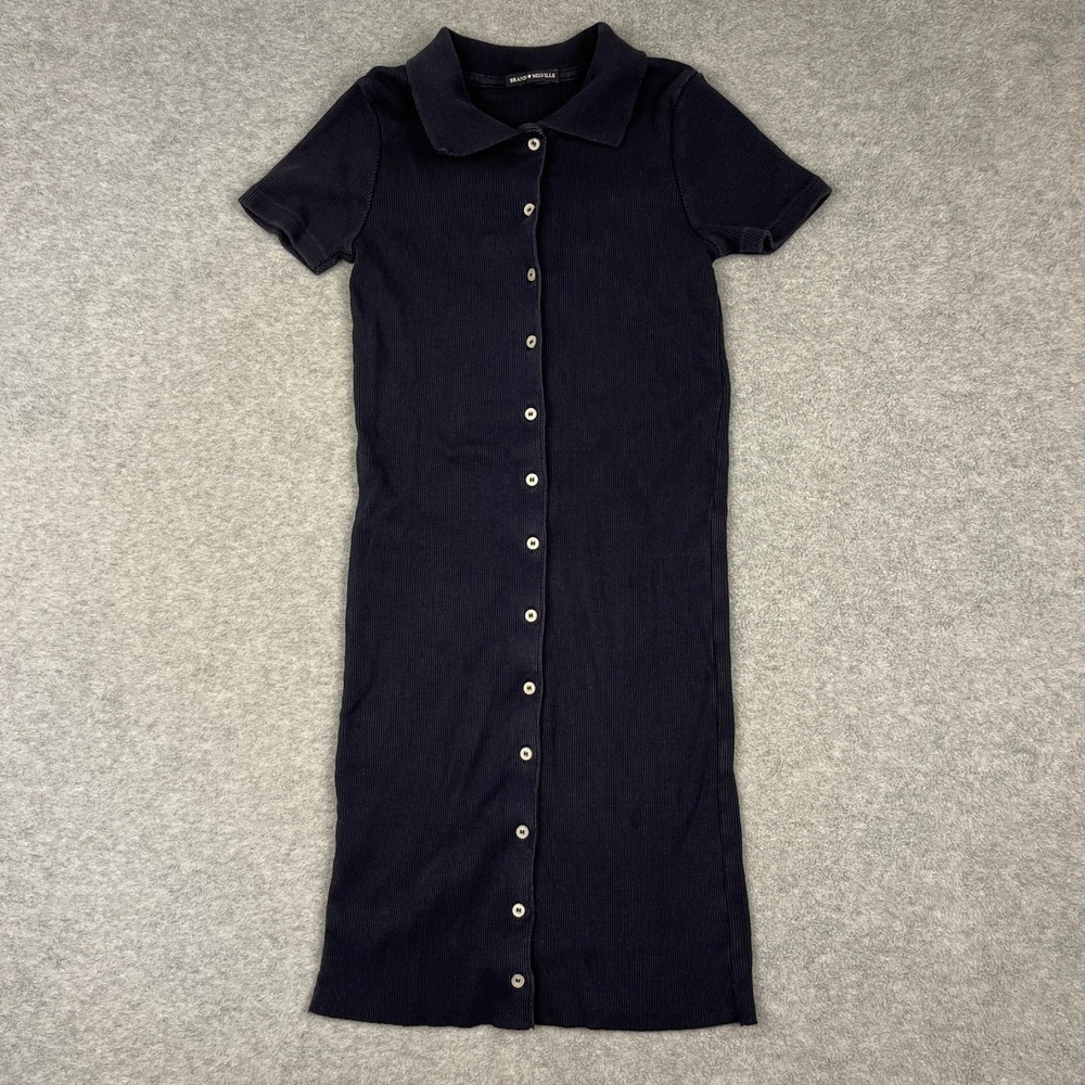 Brandy Melville Dress Women OS Navy Blue Zelly Ribbed Button Front Short Sleeve